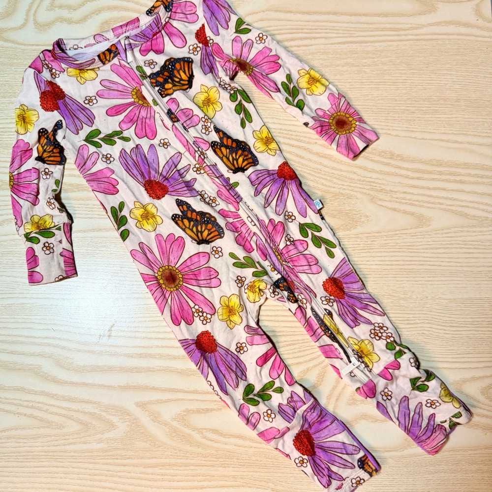 Posh Peanut Floral & Butterfly Bamboo Zippy w/ Matching Headband (3-6)